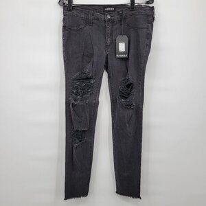 New Fashion Nova Women Black Mid Rise Destroyed Raw Hem Zip Hem Jeans Size 11